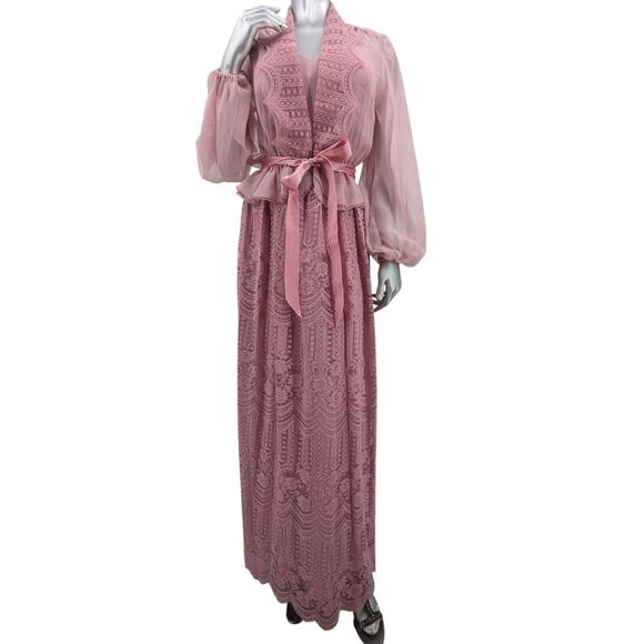 Vintage 1970's Mauve Pink PROM Maxi DRESS & JACKET Sheer Sleeves & Lace Overlay - Picture 2 of 14